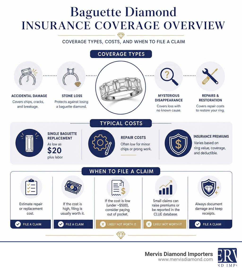 Baguette diamond insurance coverage overview: coverage types, costs, and when to file a claim infographic Baguette diamond insurance coverage overview: coverage types, costs, and when to file a claim infographic