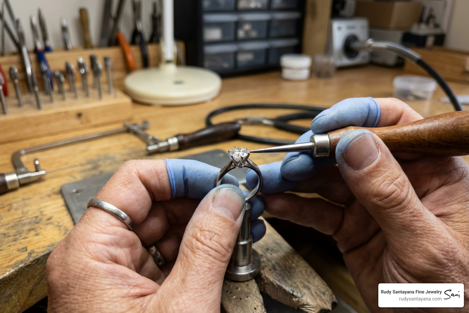 a jeweler setting a diamond in a custom platinum band