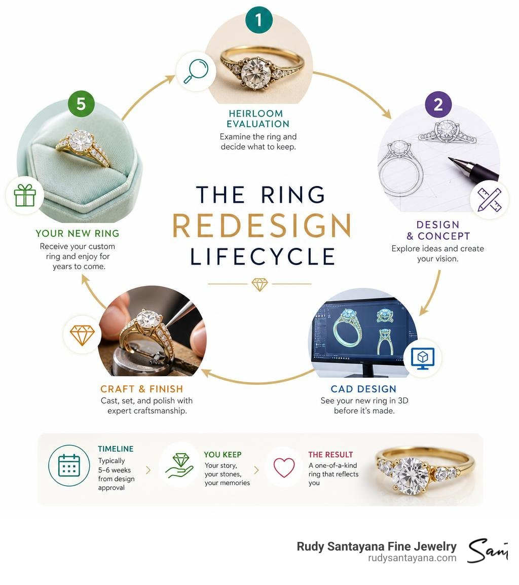 Ring redesign lifecycle infographic: from heirloom evaluation to CAD design to finished custom ring infographic