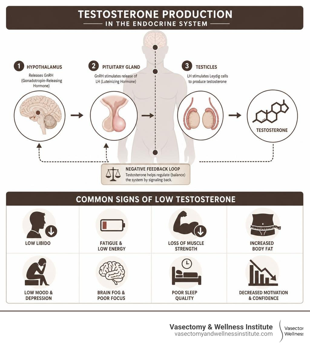 Infographic showing testosterone production in the endocrine system and common signs of low testosterone infographic