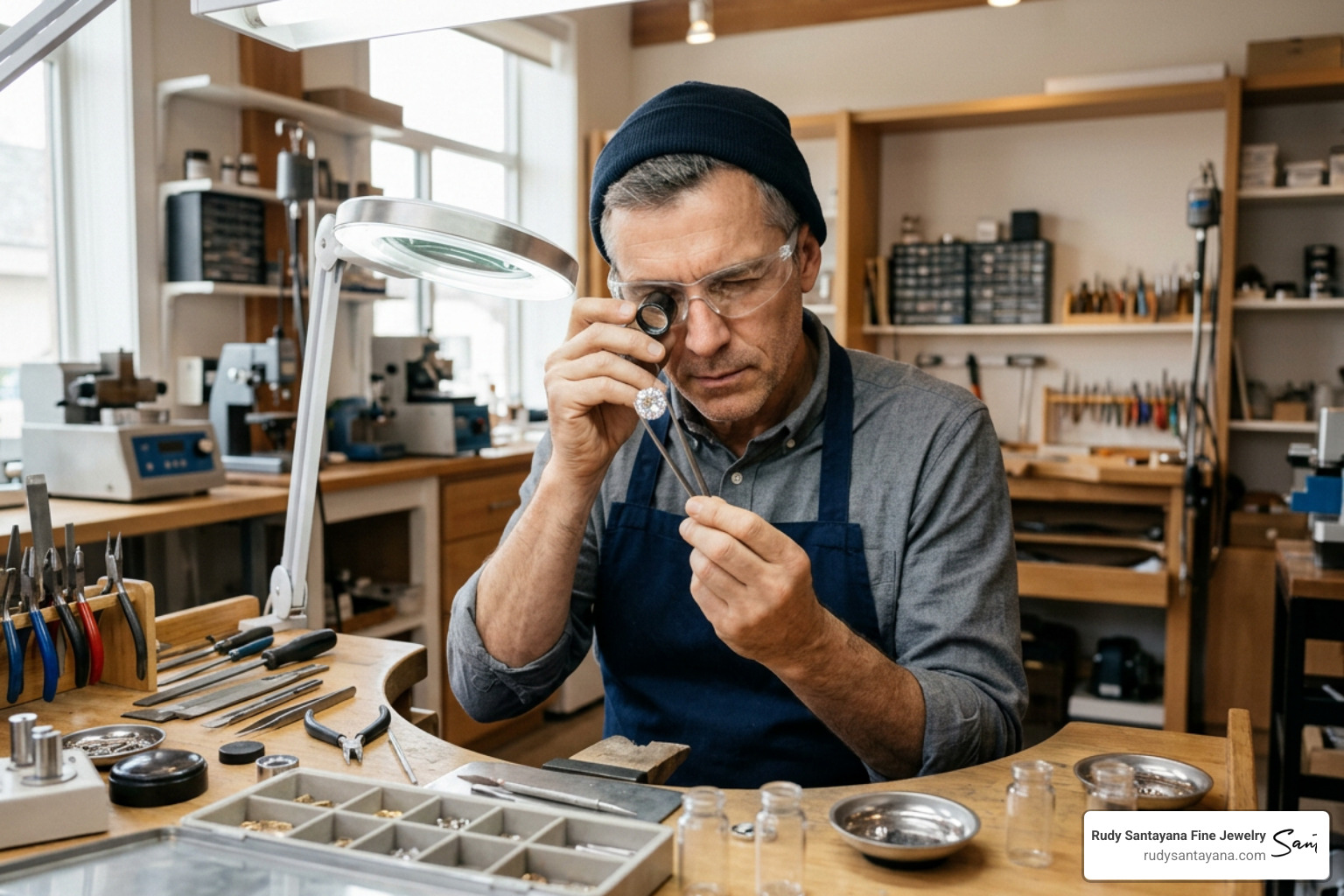 A master jeweler inspecting a lab-grown diamond under 10x magnification in a workshop A master jeweler inspecting a lab-grown diamond under 10x magnification in a workshop