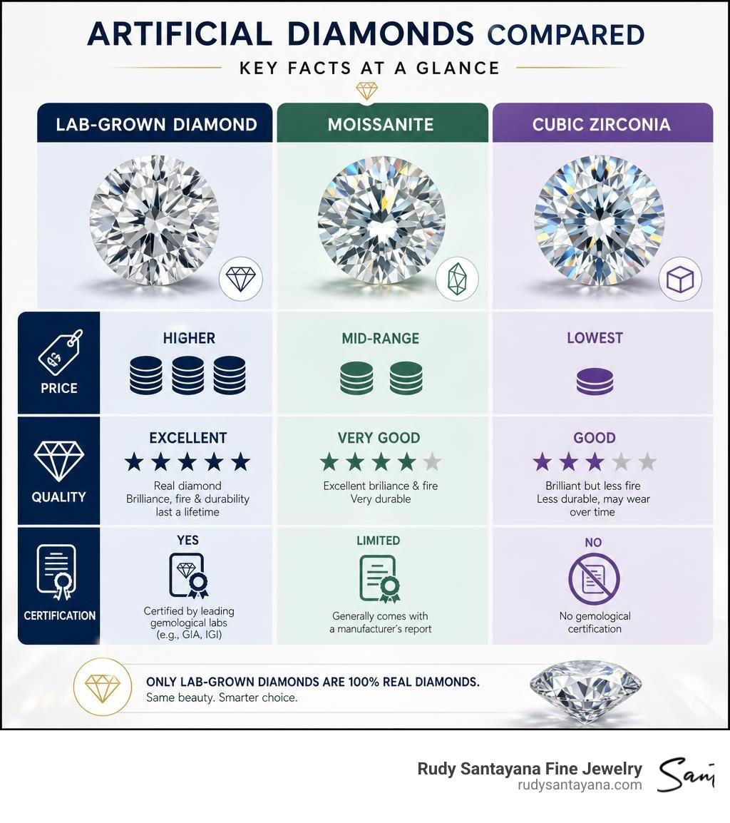 Key facts infographic comparing artificial diamonds moissanite and cubic zirconia on price quality and certification Key facts infographic comparing artificial diamonds moissanite and cubic zirconia on price quality and certification