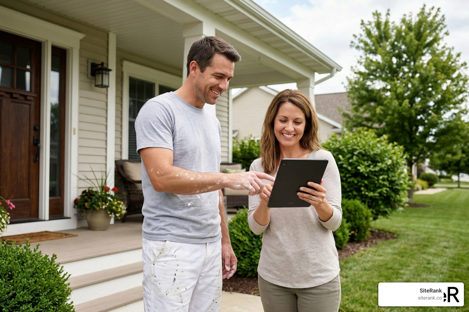 A painter requesting a review from a homeowner on a tablet A painter requesting a review from a homeowner on a tablet