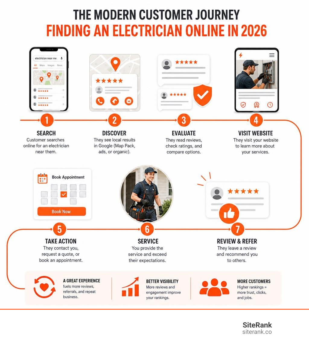 modern customer journey for finding an electrician online in 2026 infographic modern customer journey for finding an electrician online in 2026 infographic