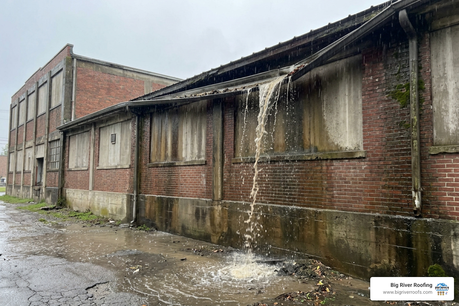 sagging commercial gutters with water overflow
