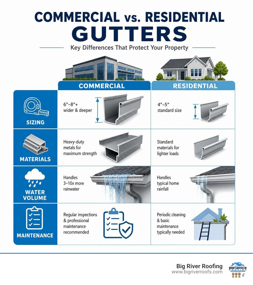 Key differences between commercial and residential gutters: sizing, materials, water volume, and maintenance infographic