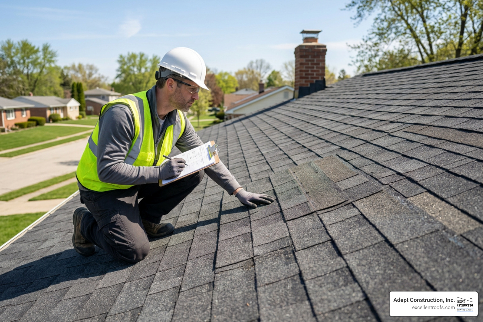 A professional roofing contractor inspecting a shingle roof