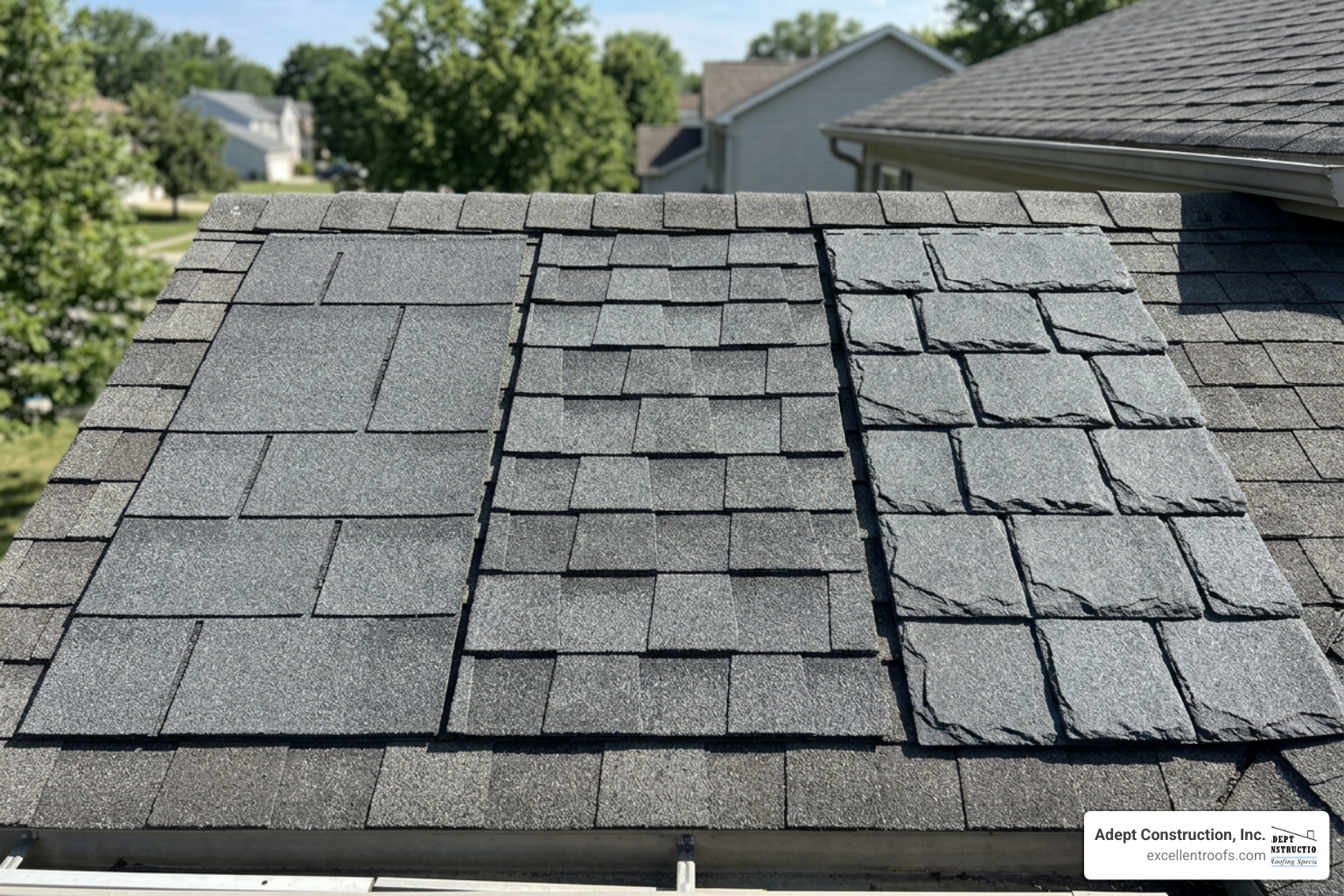 Close-up comparison of three-tab, architectural, and luxury asphalt shingles