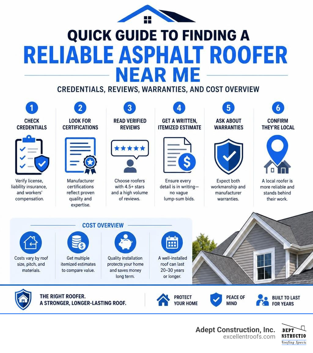 Quick guide to finding a reliable asphalt roofer near me: credentials, reviews, warranties, and cost overview infographic