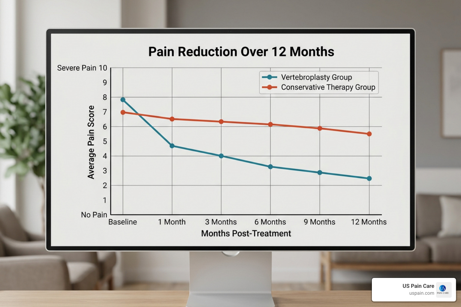 Graph showing significant pain reduction in vertebroplasty patients compared to conservative therapy over 12 months