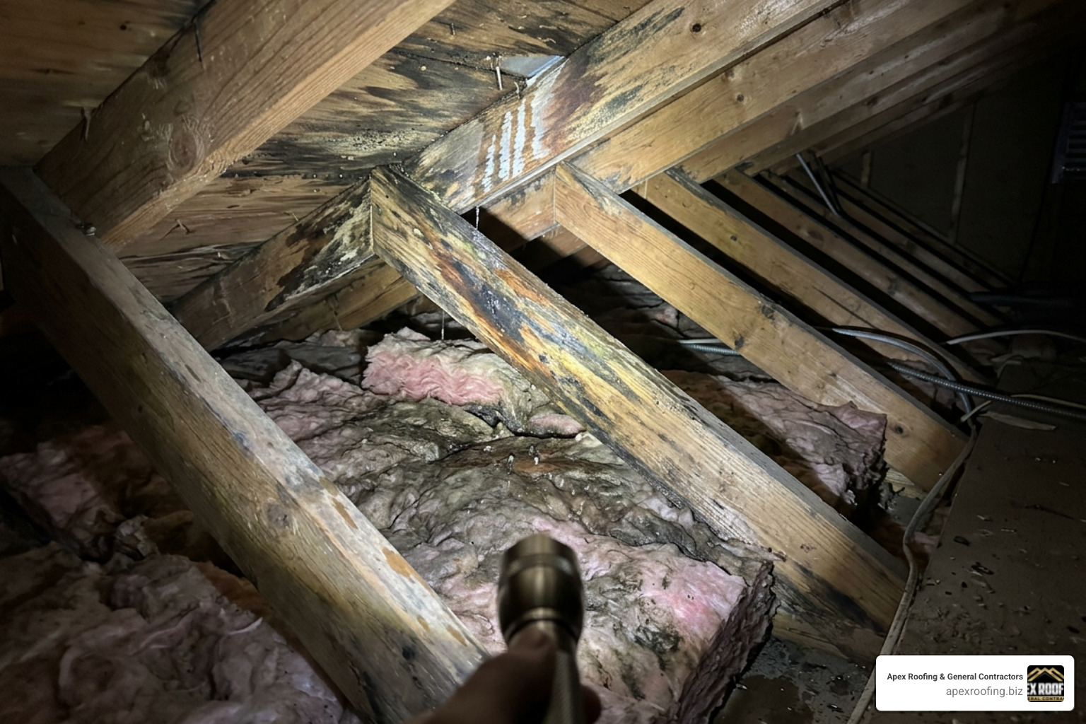 attic water damage from a flashing leaking roof
