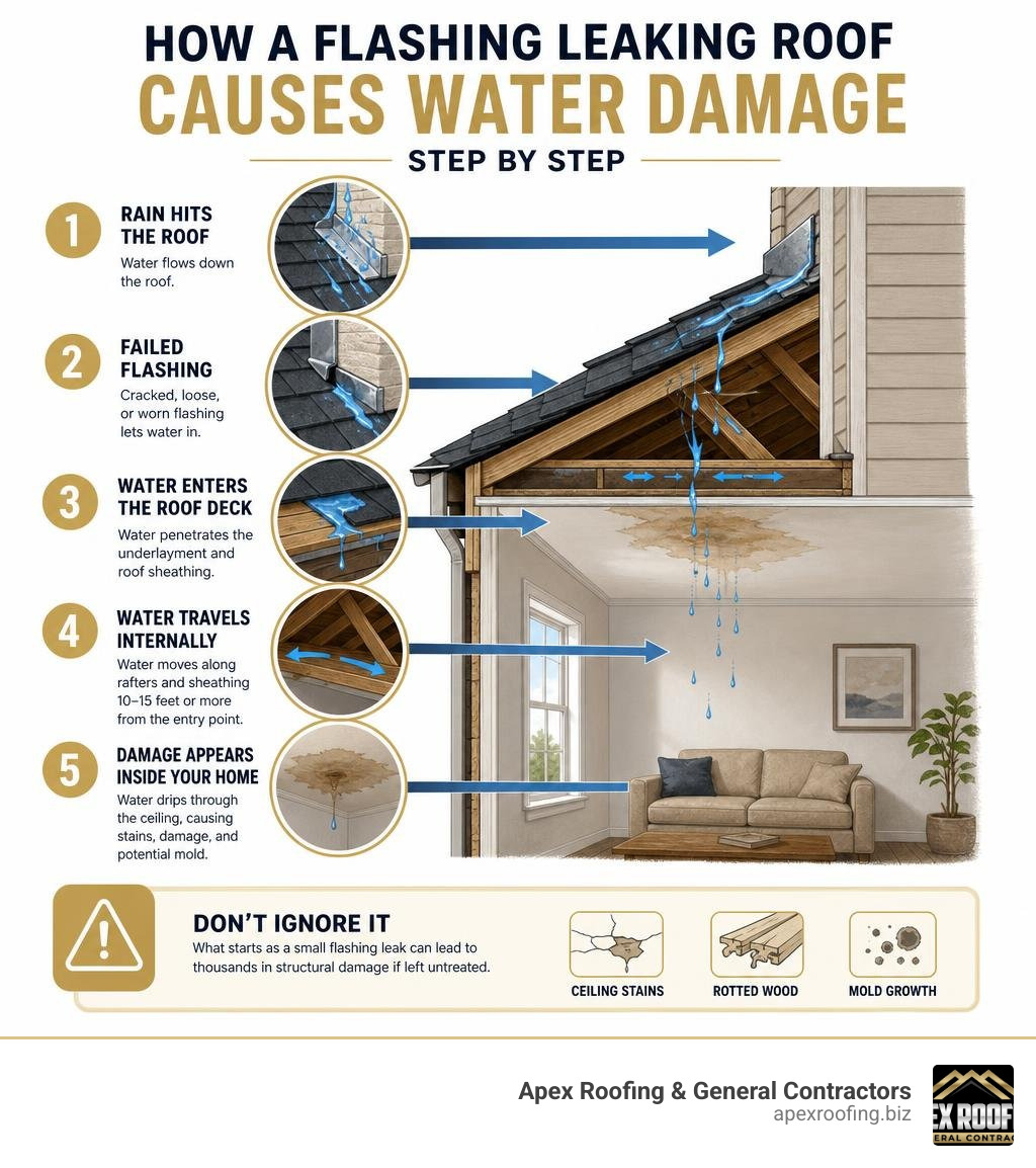 how a flashing leaking roof causes water damage step by step infographic infographic