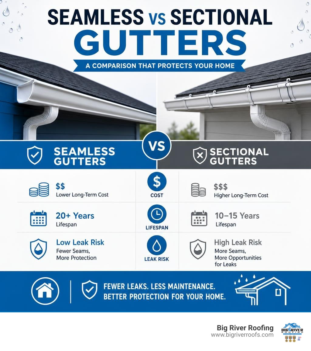 seamless vs sectional gutters comparison infographic with cost, lifespan, and leak risk infographic