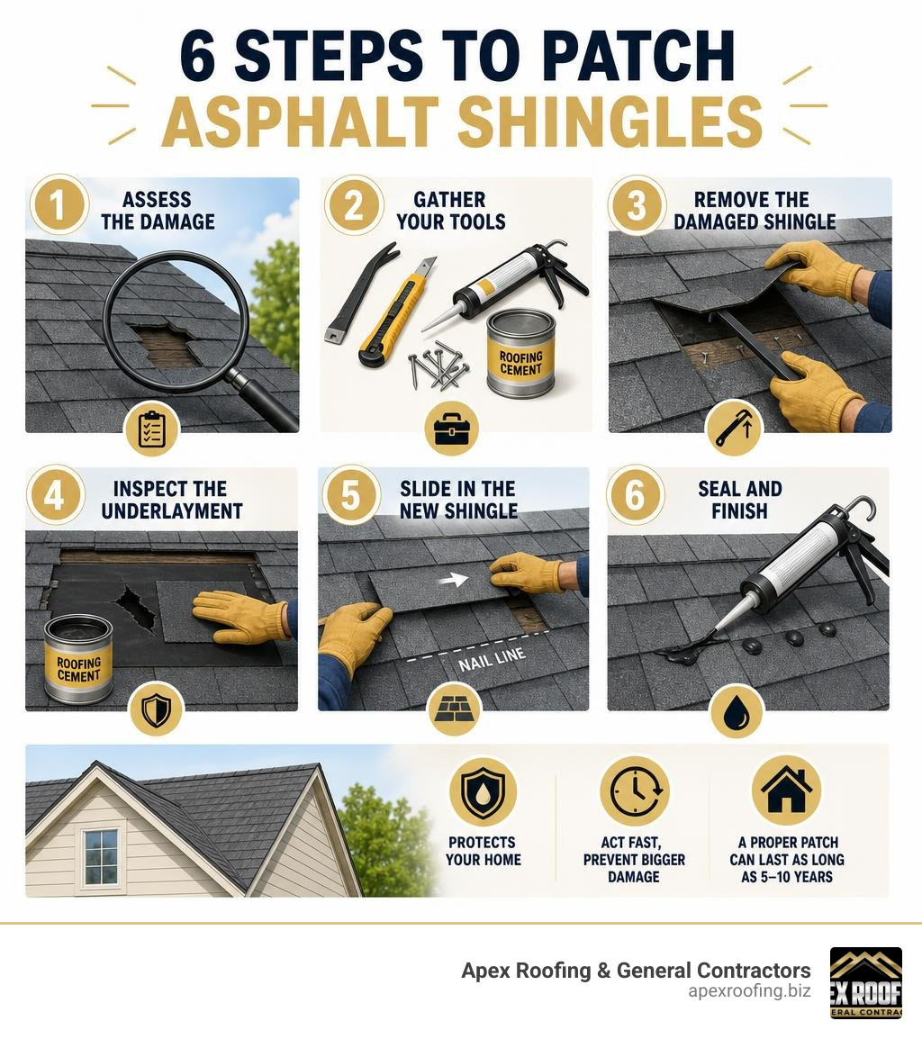 Infographic showing 6 steps to patch asphalt shingles from damage assessment to final seal infographic