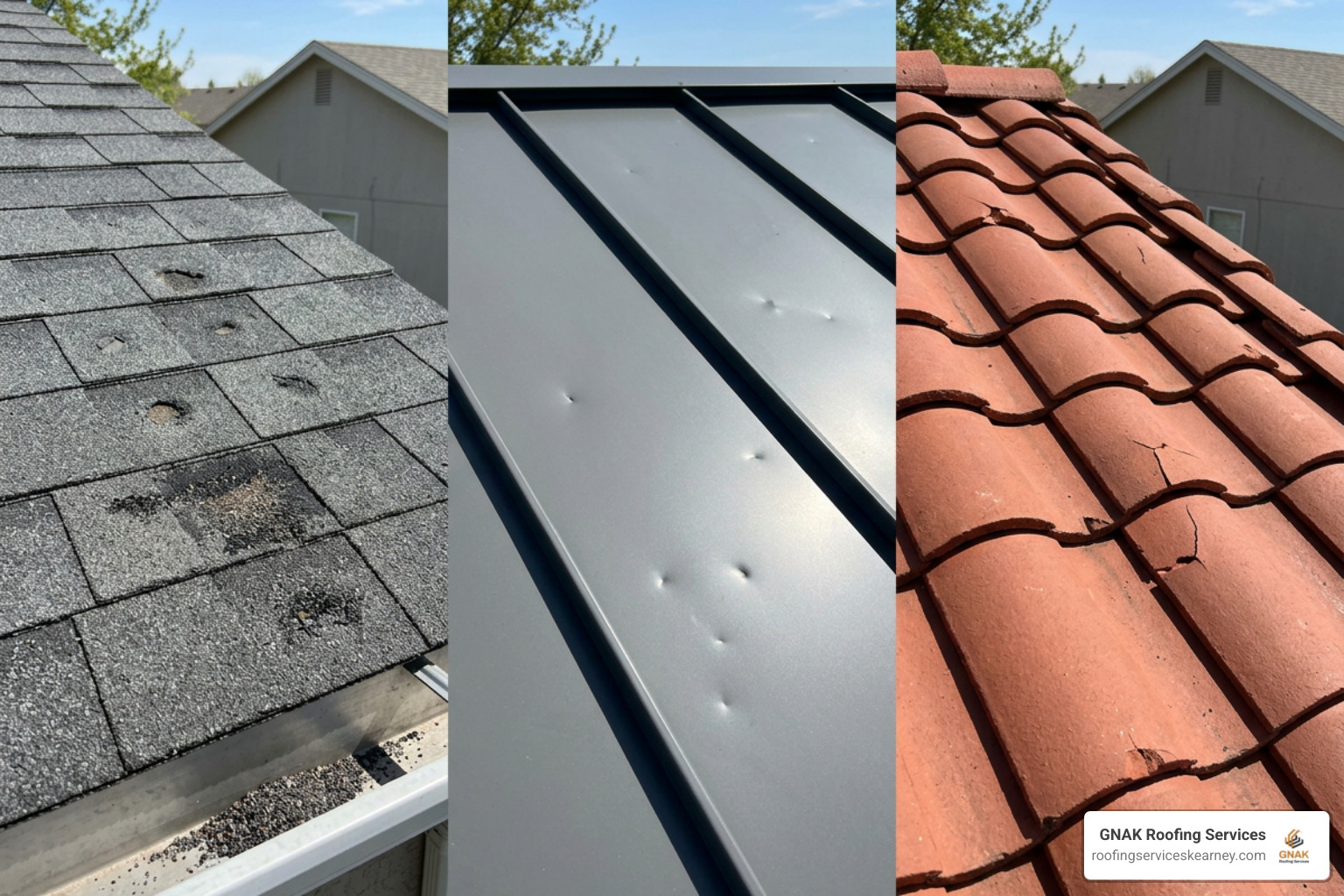 A comparison of minor hail damage on asphalt shingles, metal panels, and clay tiles A comparison of minor hail damage on asphalt shingles, metal panels, and clay tiles