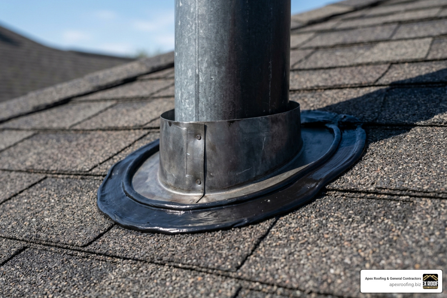 A detailed close-up of metal flashing around a roof vent pipe sealed with roofing cement