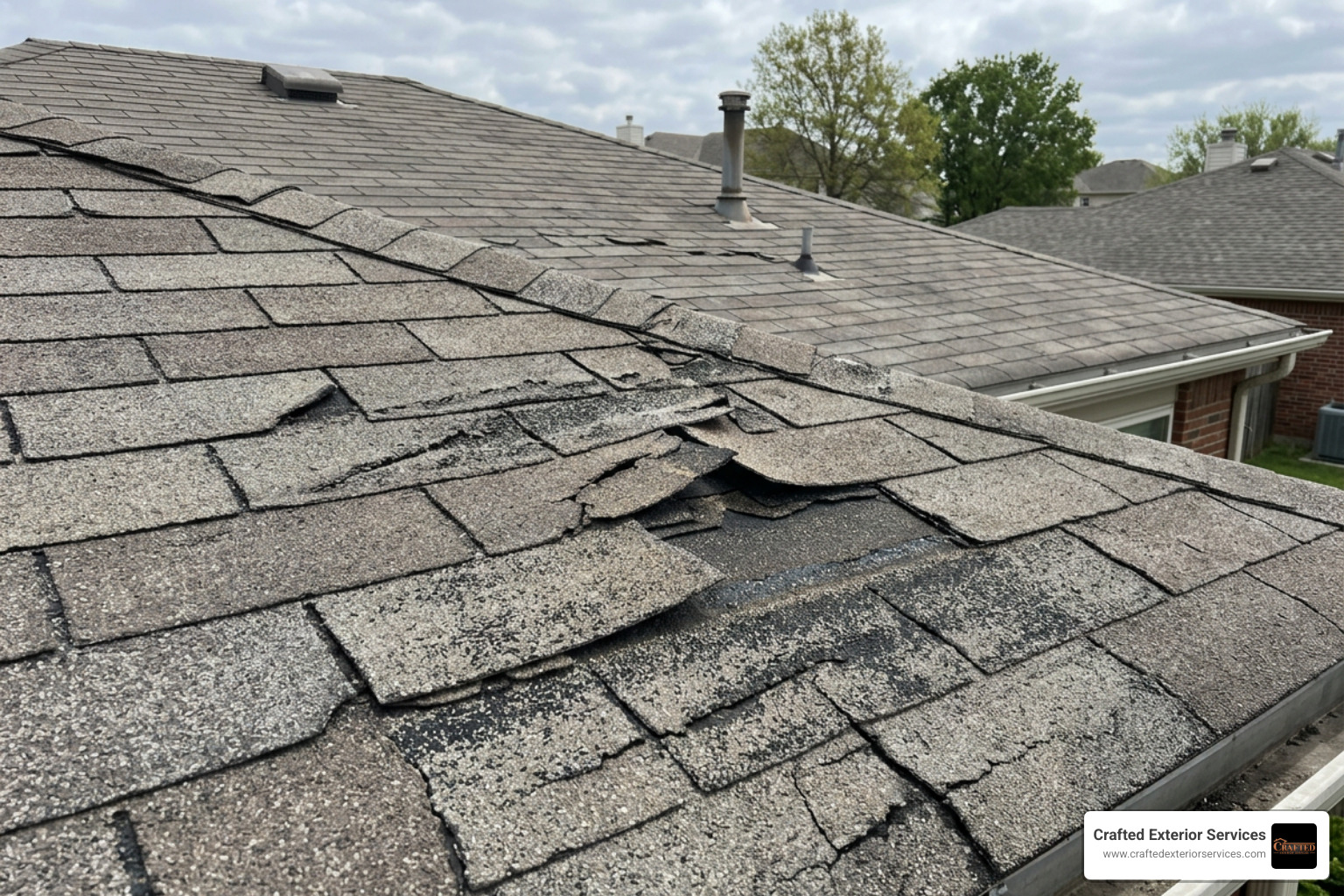 Wind-damaged shingles on a residential roof