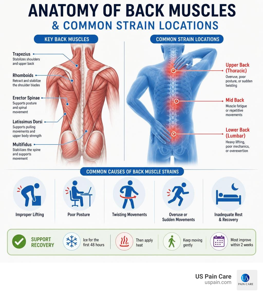 anatomy of back muscles and common strain locations infographic infographic