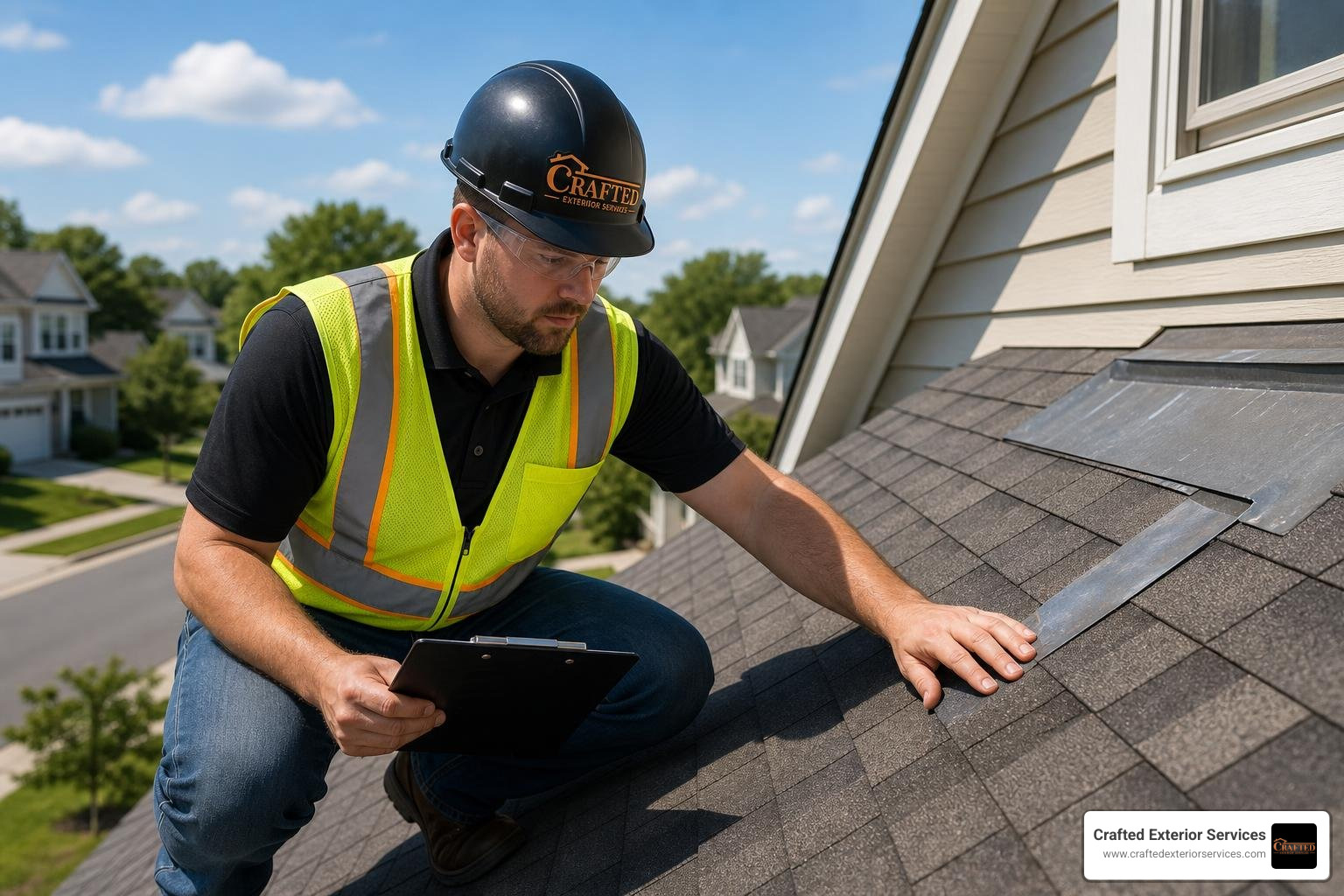 Certified roofing contractor conducting a detailed roof inspection