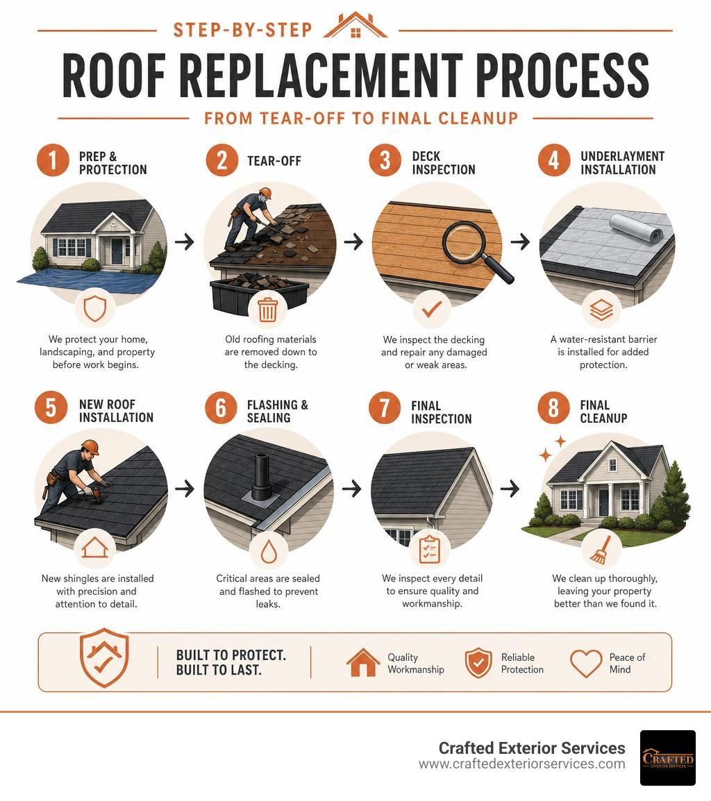 Step-by-step roof replacement process from tear-off to final cleanup infographic infographic