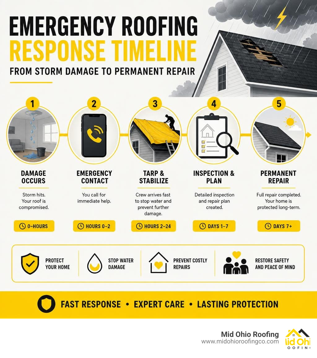 Emergency roofing response timeline from storm damage to permanent repair infographic