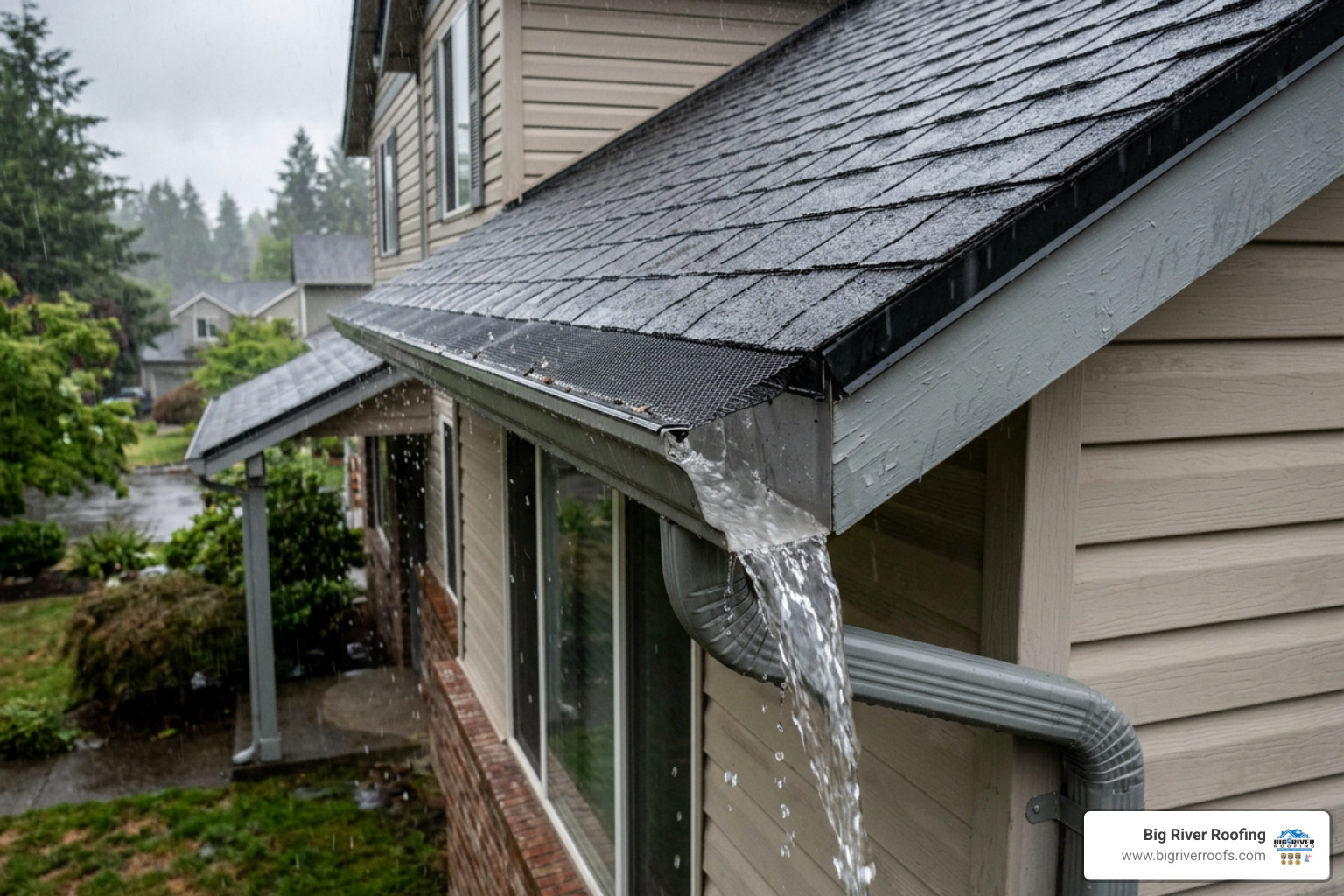 Heavy rain flowing smoothly through a clean gutter guard system during a storm