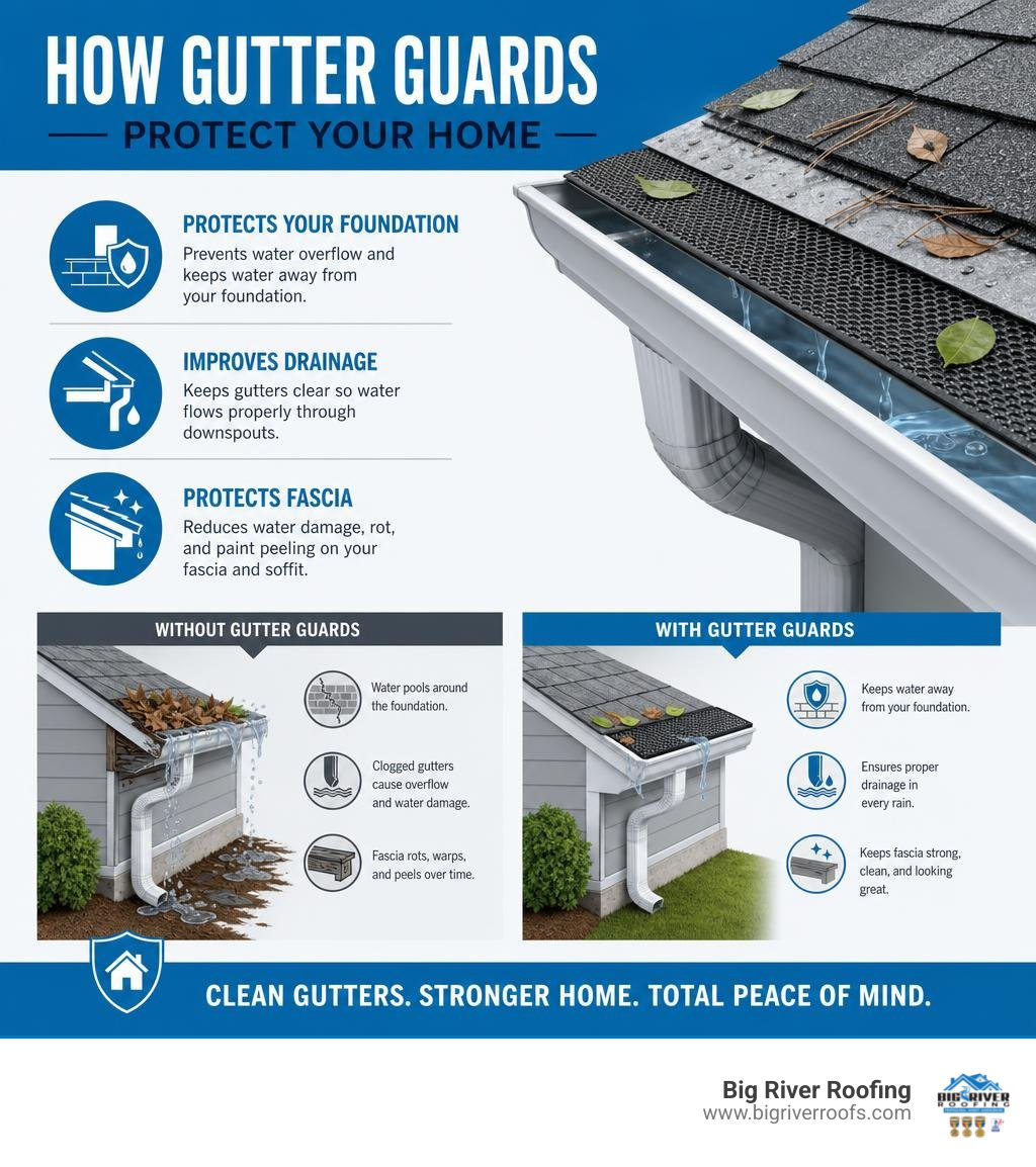 How gutter guards protect a home's foundation, drainage, and fascia from debris and water damage infographic