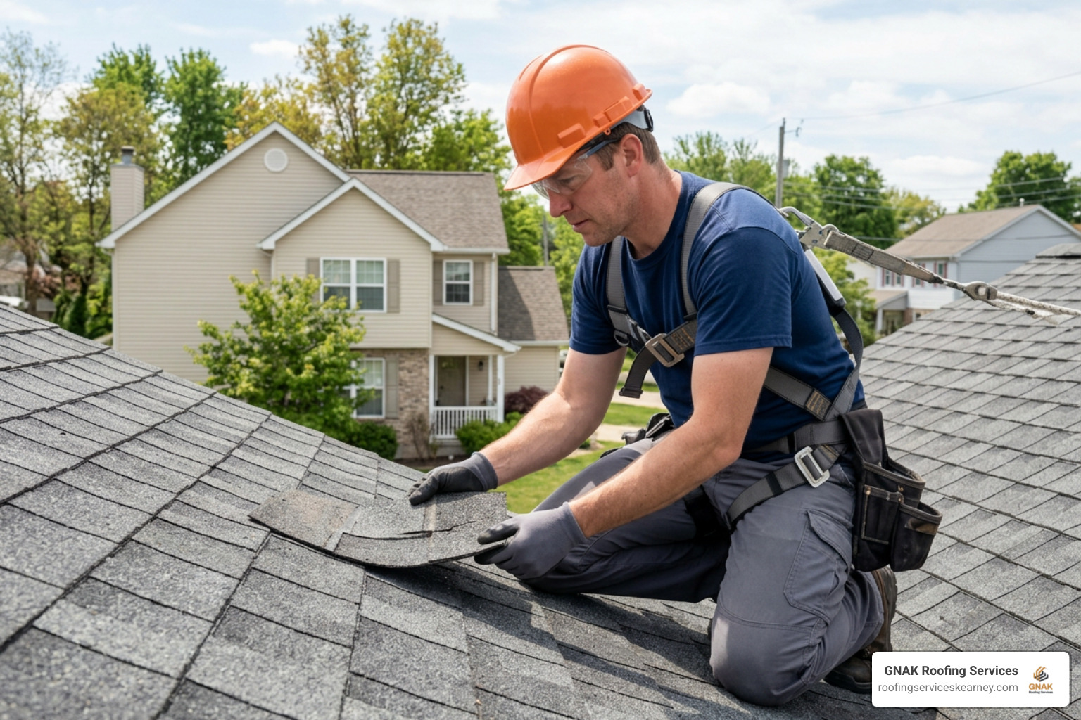 Professional roofer inspecting roof after storm using safety gear Professional roofer inspecting roof after storm using safety gear