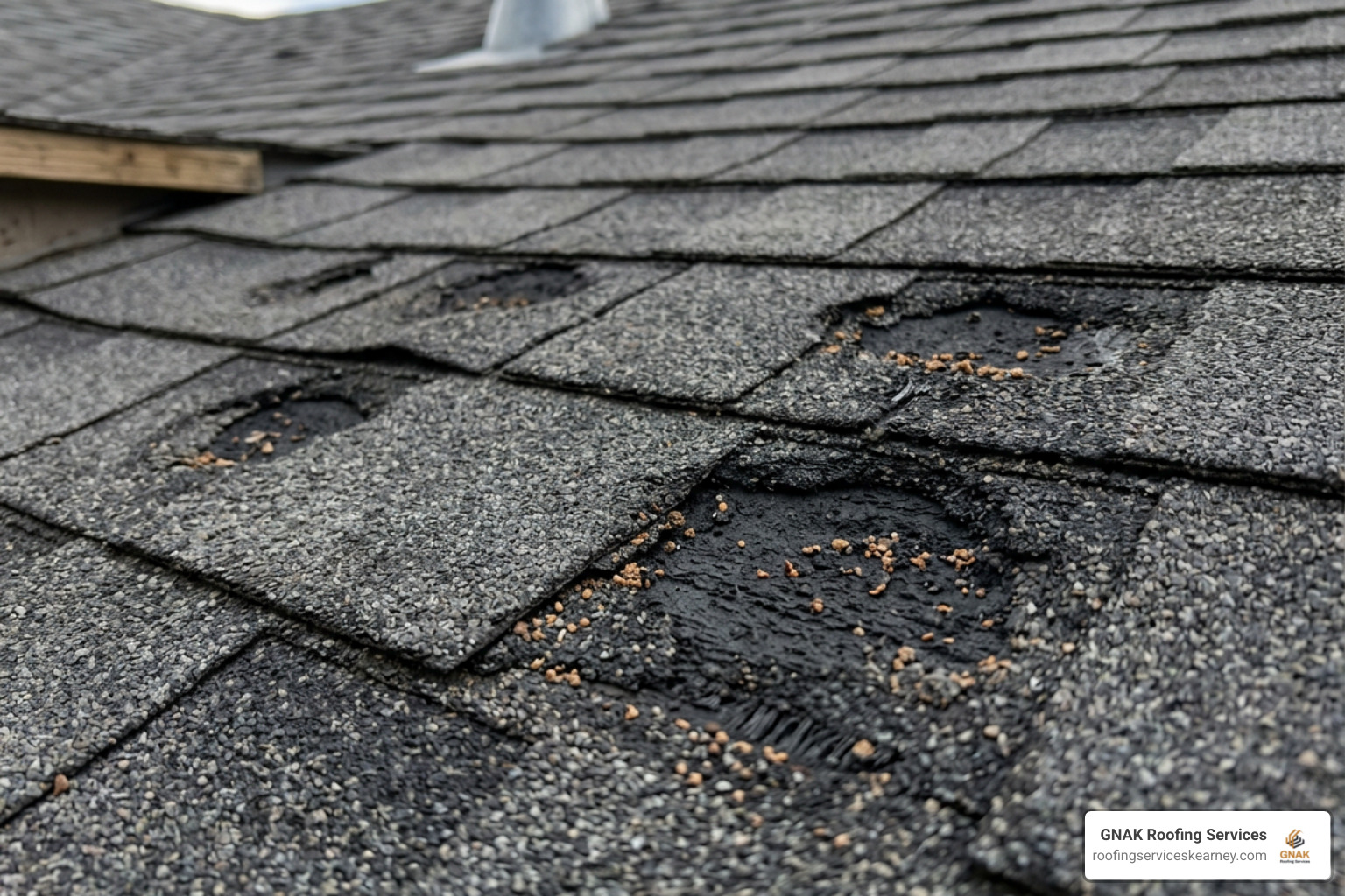 Signs of hail damage on shingles including bruising and granule loss Signs of hail damage on shingles including bruising and granule loss
