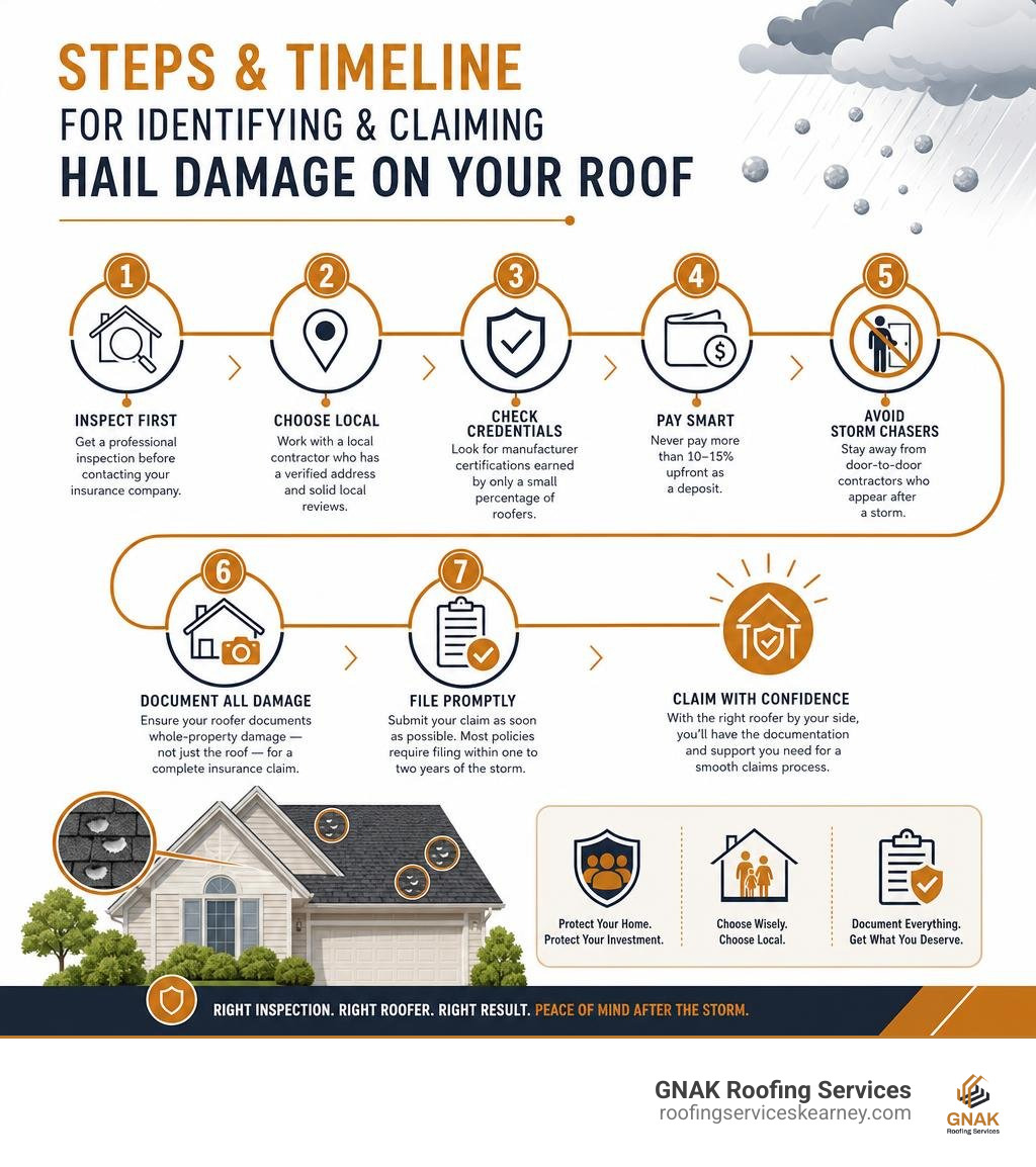 Steps and timeline for identifying and claiming hail damage on a residential roof infographic Steps and timeline for identifying and claiming hail damage on a residential roof infographic