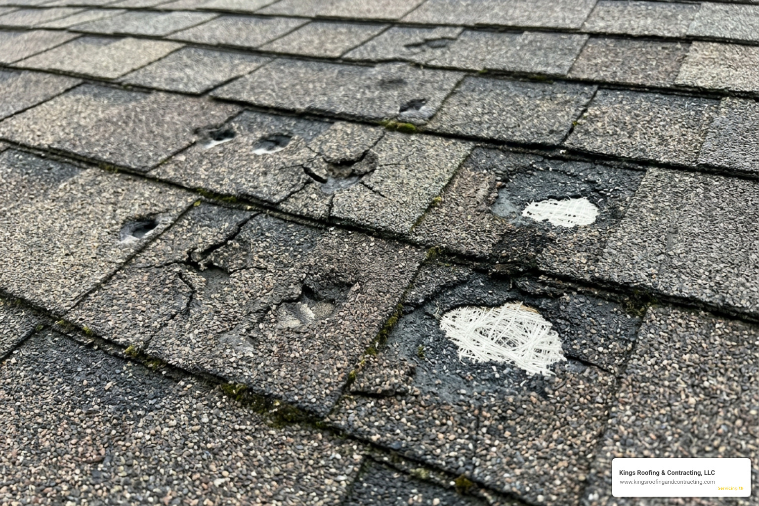 Hail-damaged asphalt shingles showing severe granule loss and exposed fiberglass mat Hail-damaged asphalt shingles showing severe granule loss and exposed fiberglass mat