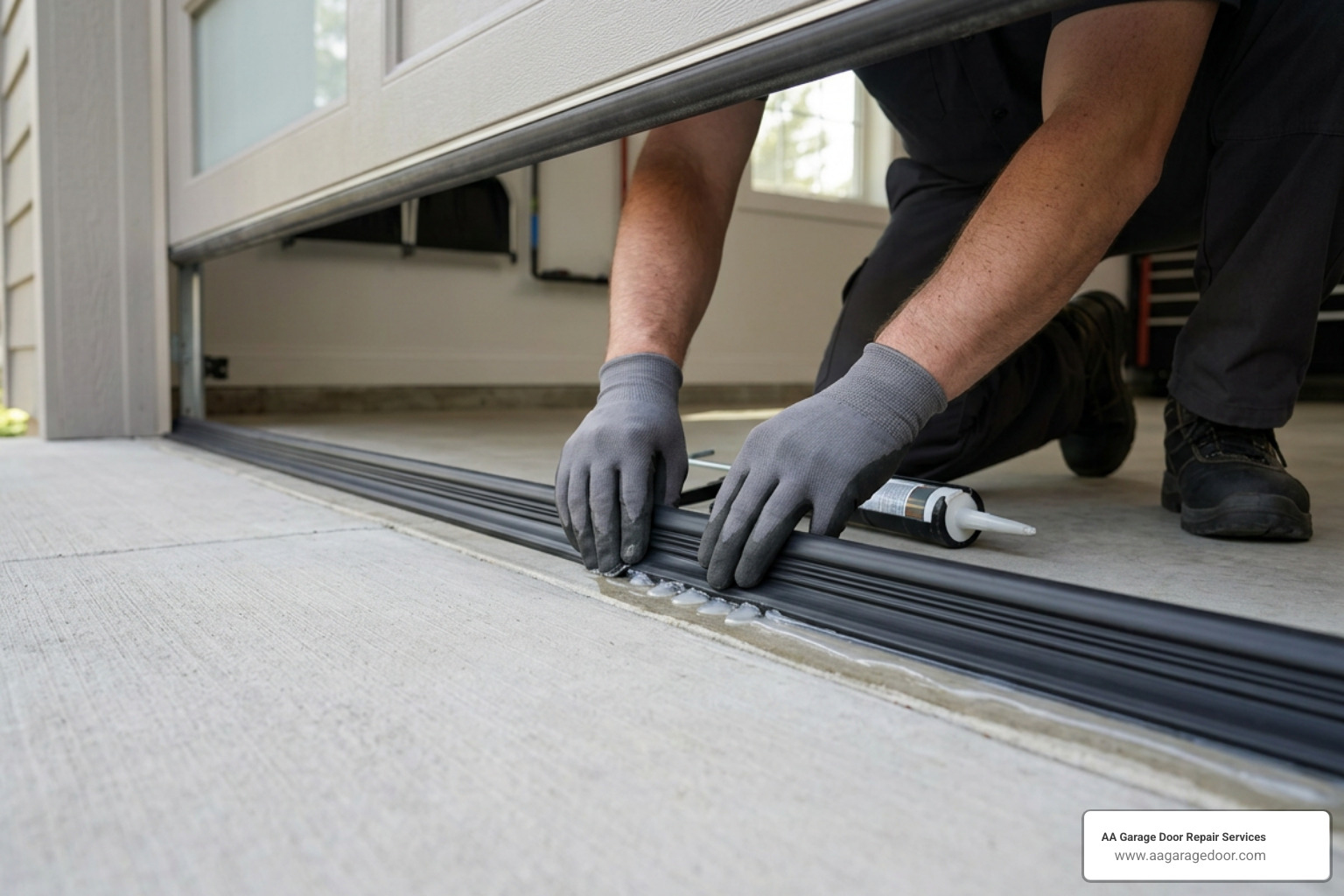 Close-up of a concrete threshold seal installation