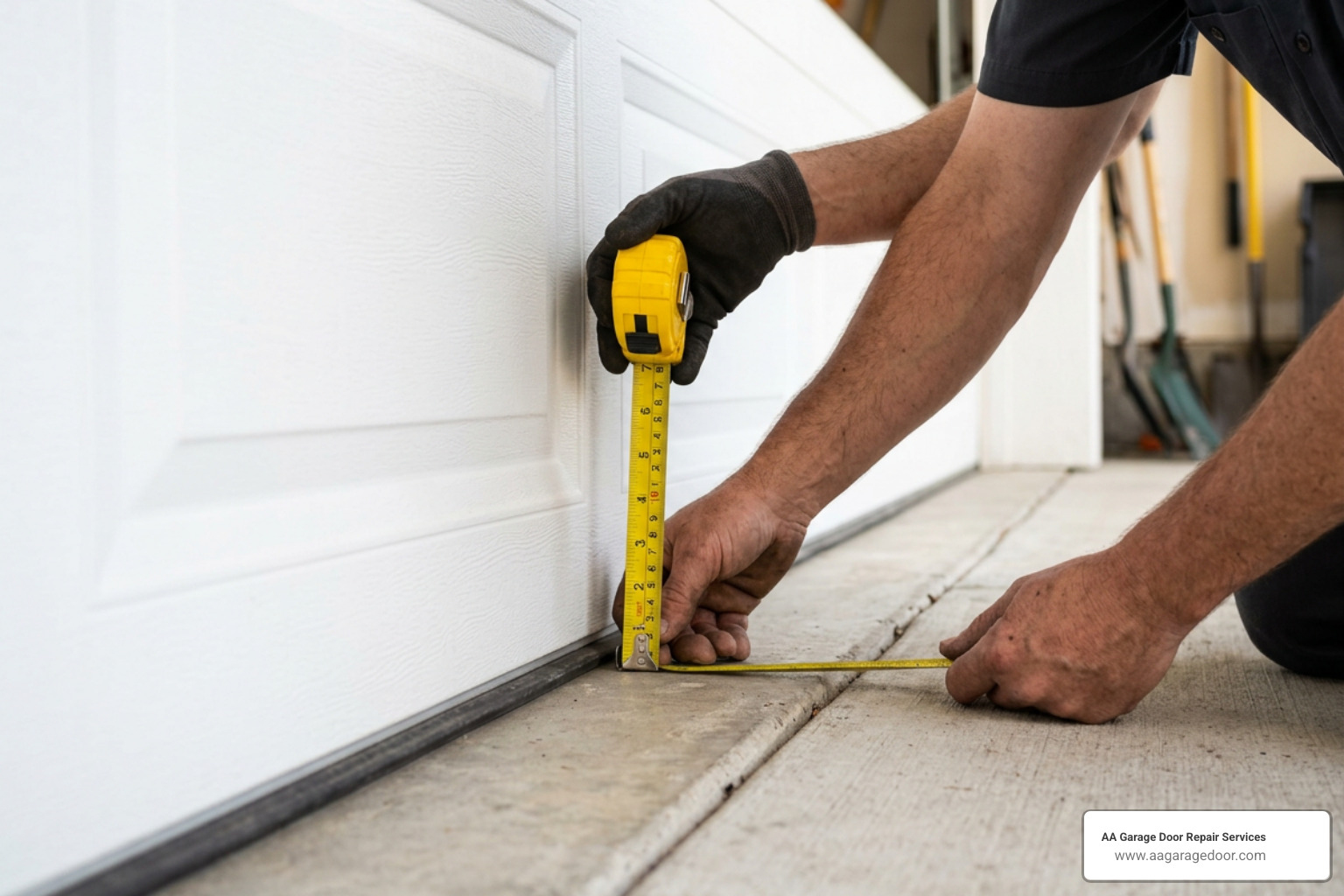 Measuring the gap under a garage door with a tape measure