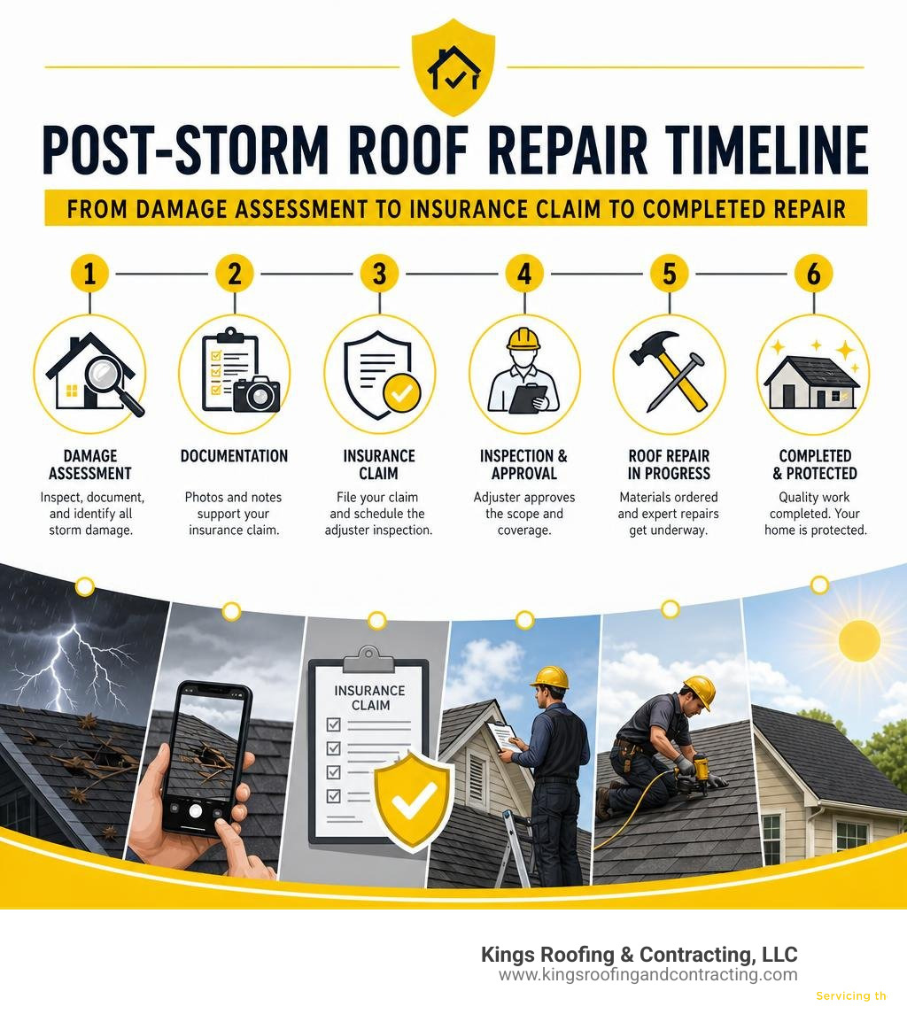 Post-storm roof repair timeline: from damage assessment to insurance claim to completed repair infographic Post-storm roof repair timeline: from damage assessment to insurance claim to completed repair infographic