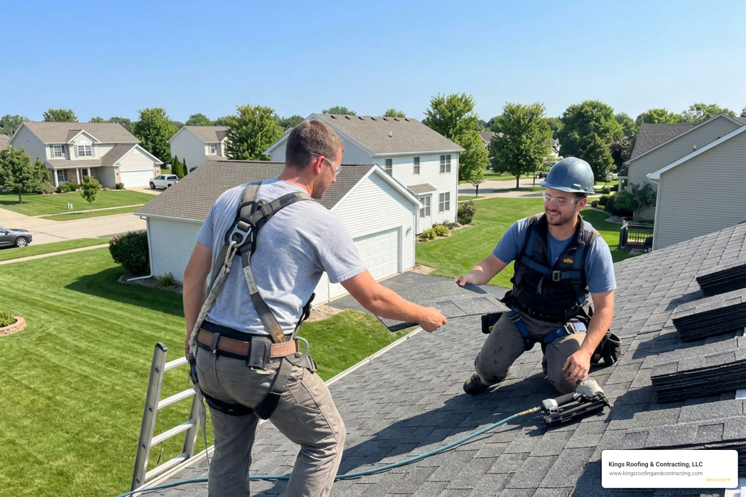 Roofers installing energy-efficient shingles on a residential home