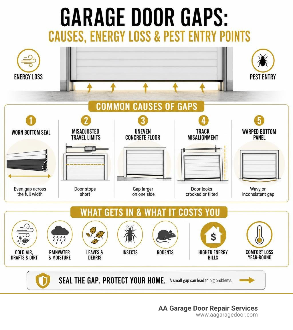 Infographic showing causes of garage door gaps, energy loss, and pest entry points infographic