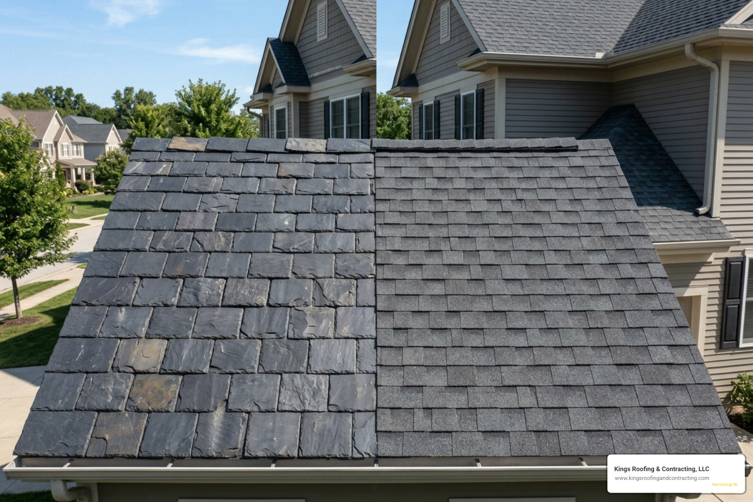 A comparison of natural slate roof tiles and standard asphalt shingles side by side A comparison of natural slate roof tiles and standard asphalt shingles side by side