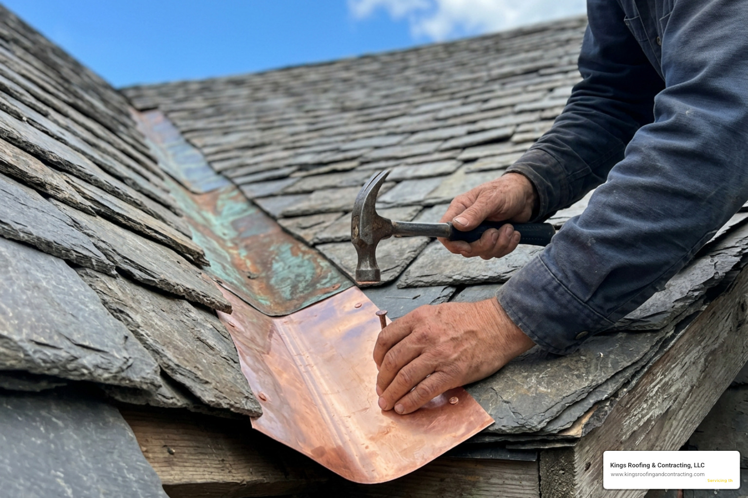 A close-up of a master roofer replacing worn copper flashing on an existing slate roof valley A close-up of a master roofer replacing worn copper flashing on an existing slate roof valley