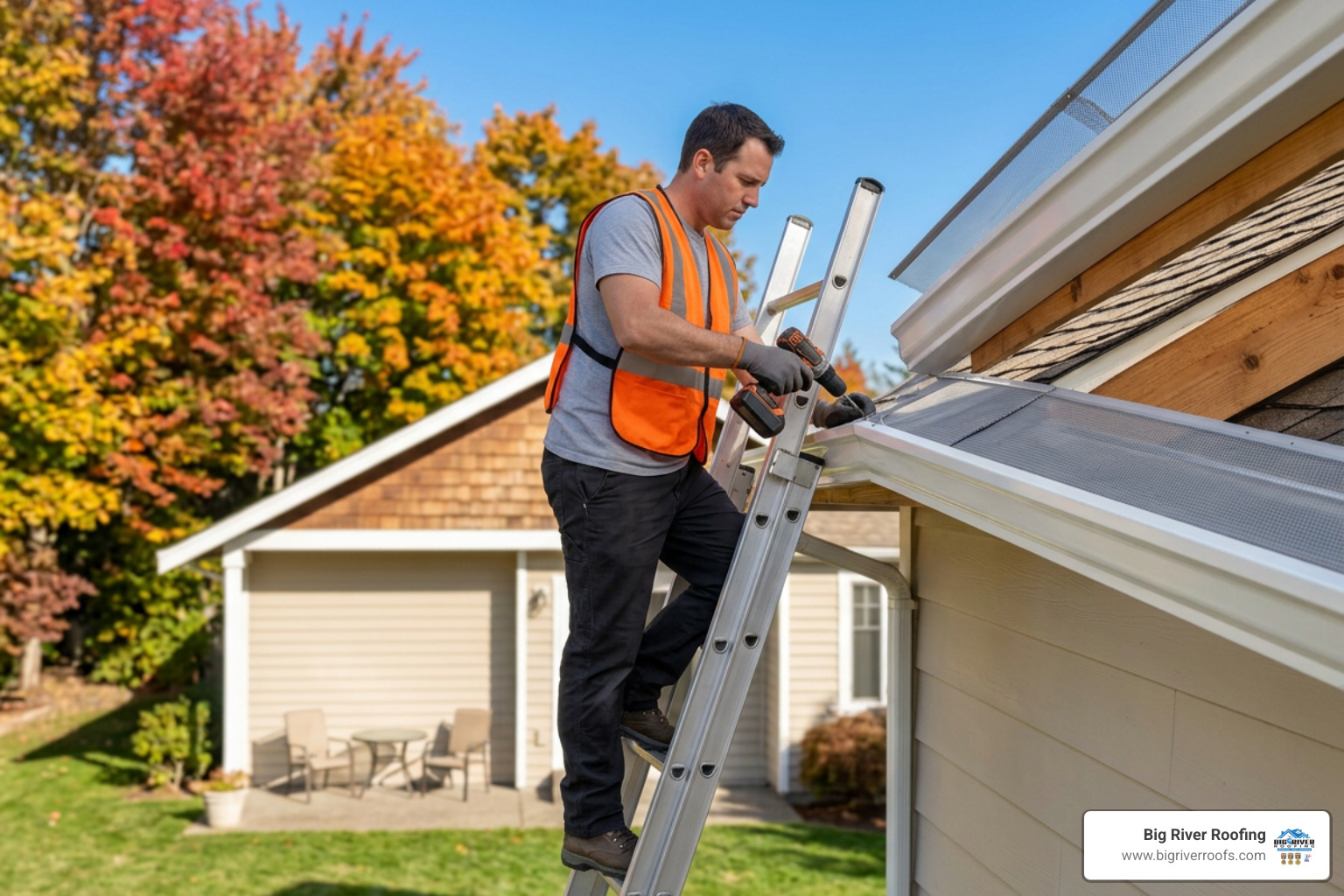 Professional installer securely mounting micro-mesh gutter guards on a home