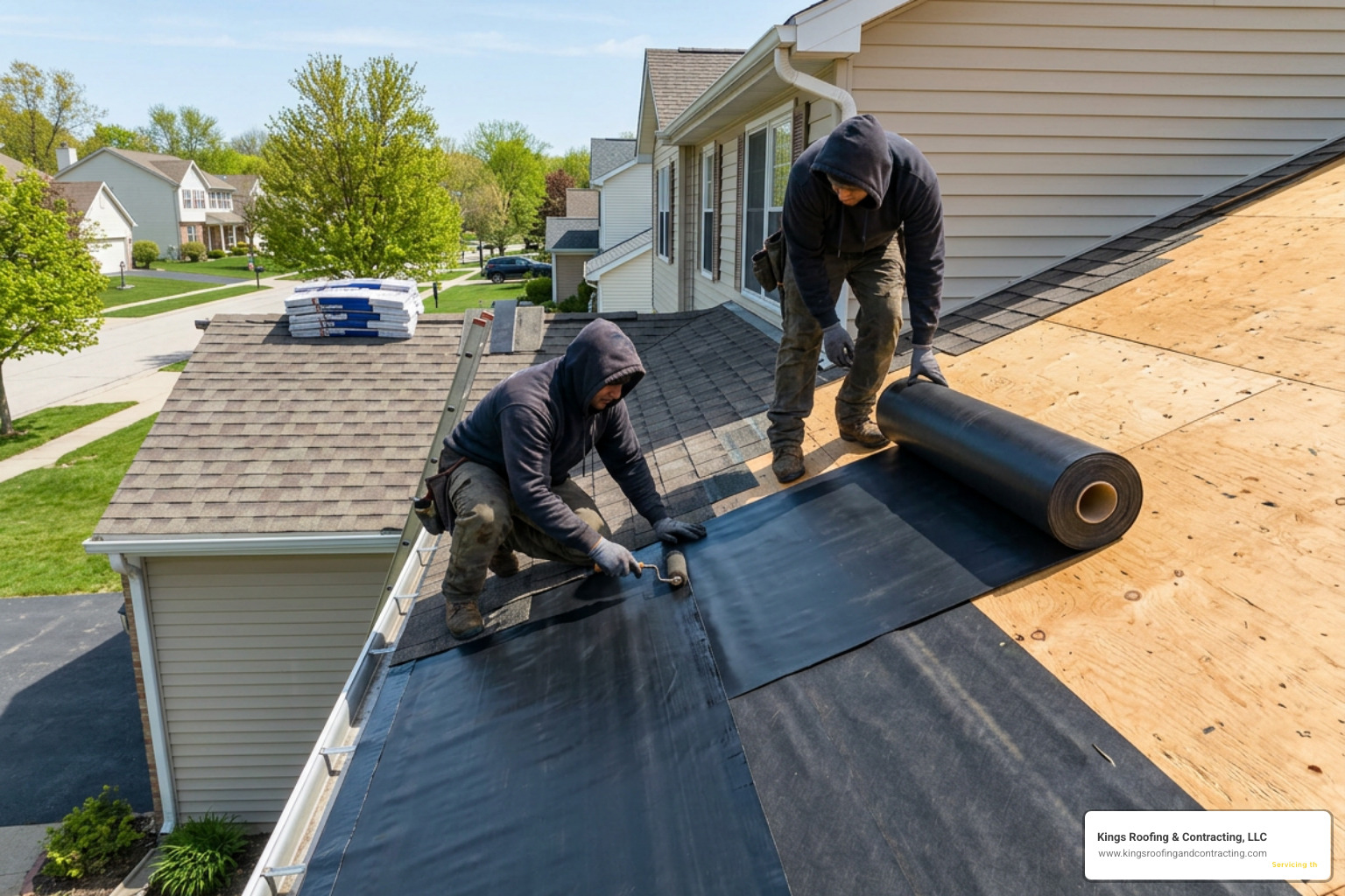 Roofers installing high-quality underlayment and ice and water barrier