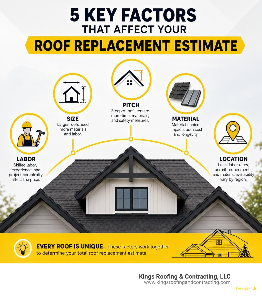 Infographic showing key factors that affect a roof replacement estimate including size, pitch, material, labor, and location