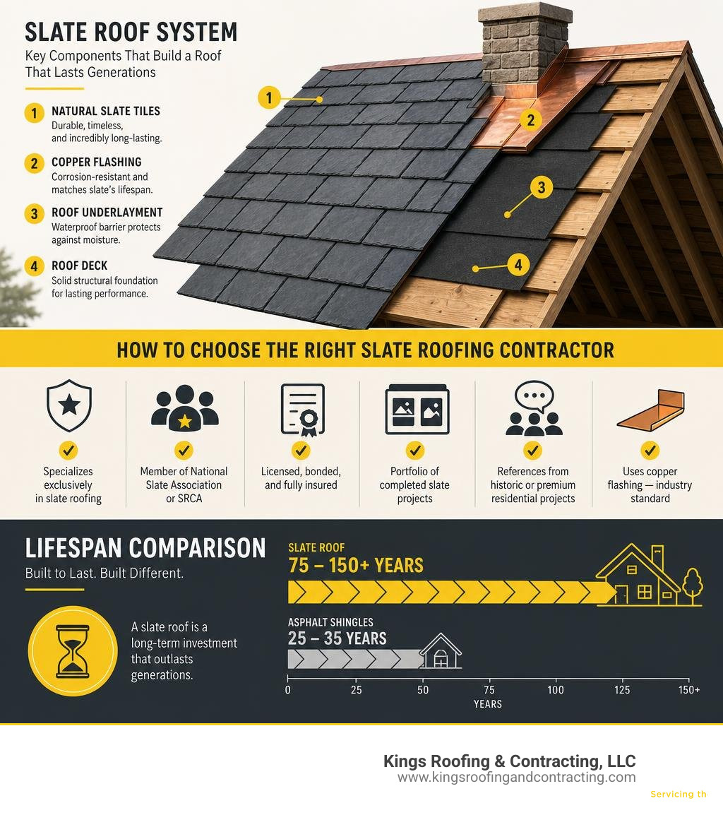 Infographic showing key components of a slate roof system, how to choose a contractor, and lifespan comparison infographic Infographic showing key components of a slate roof system, how to choose a contractor, and lifespan comparison infographic