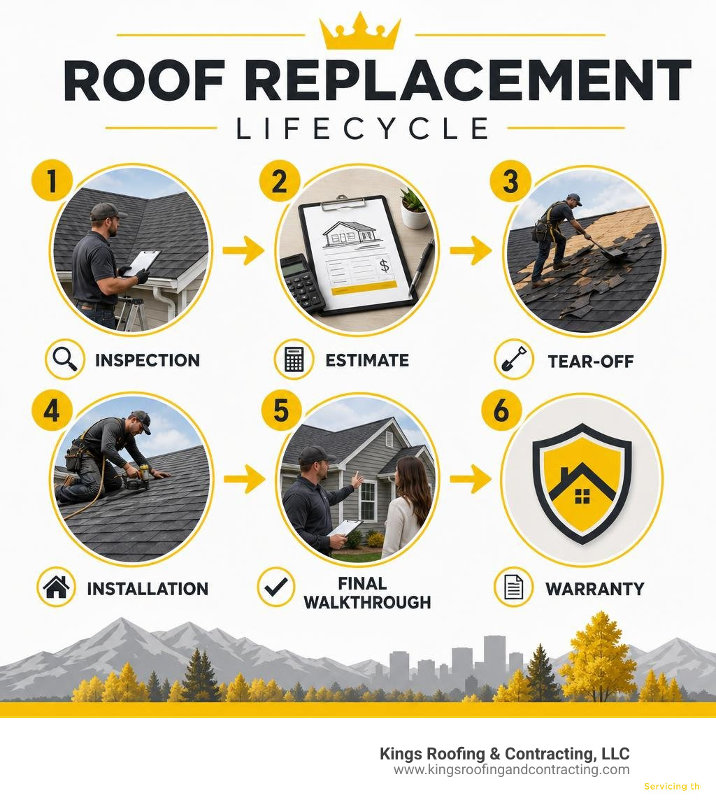 Roof replacement lifecycle infographic: inspection, estimate, tear-off, installation, final walkthrough, warranty infographic