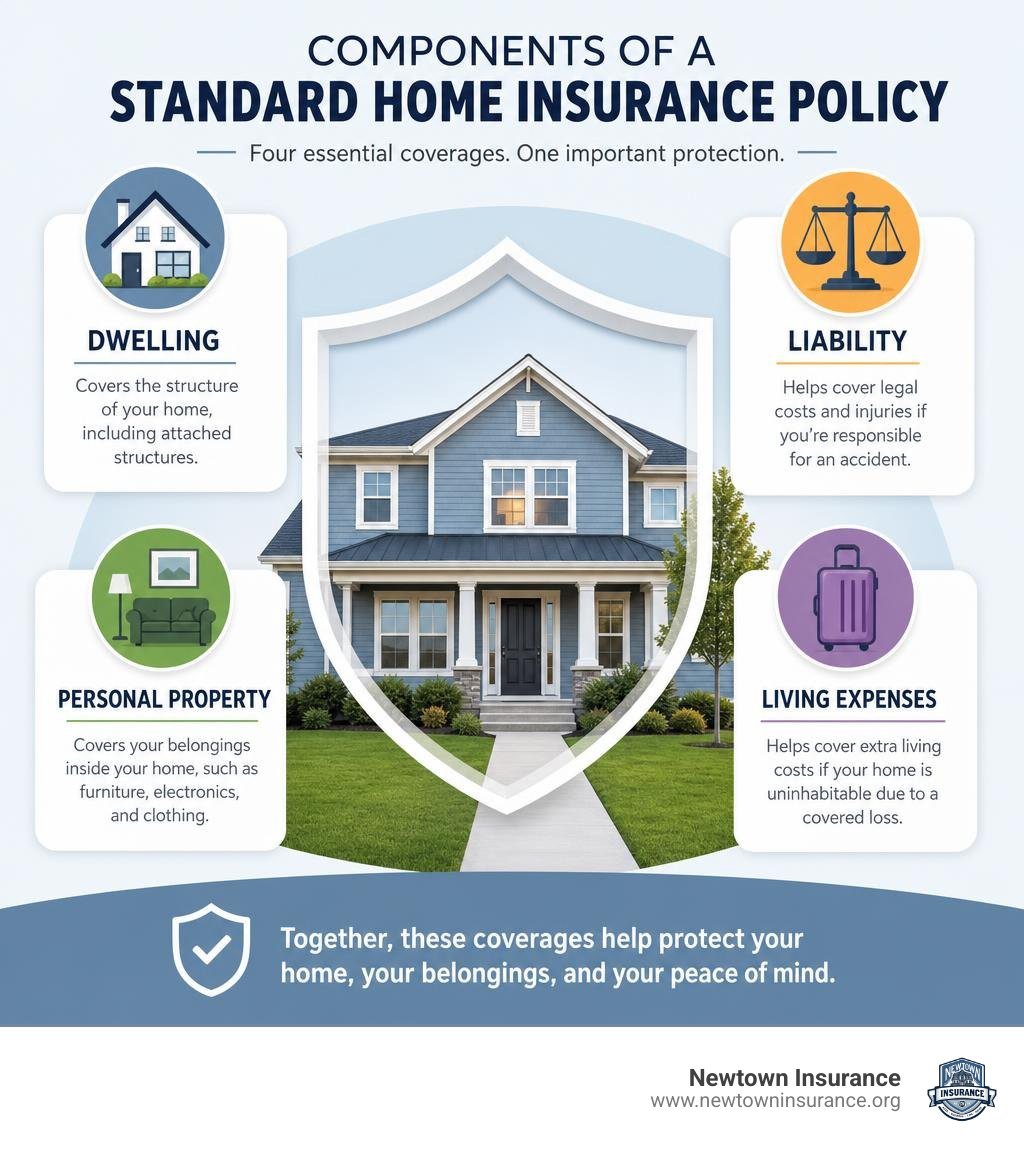 components of a standard home insurance policy including dwelling, liability, personal property, and living expenses