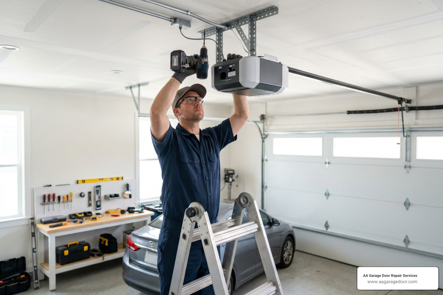 technician installing a belt-drive opener technician installing a belt-drive opener