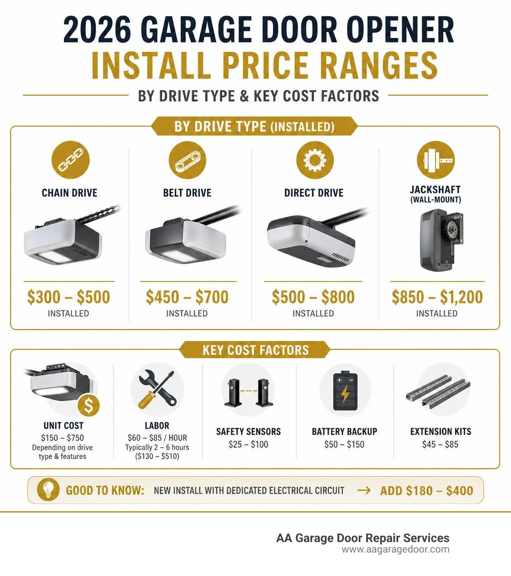 Infographic showing 2026 garage door opener install price ranges by drive type and key cost factors infographic Infographic showing 2026 garage door opener install price ranges by drive type and key cost factors infographic