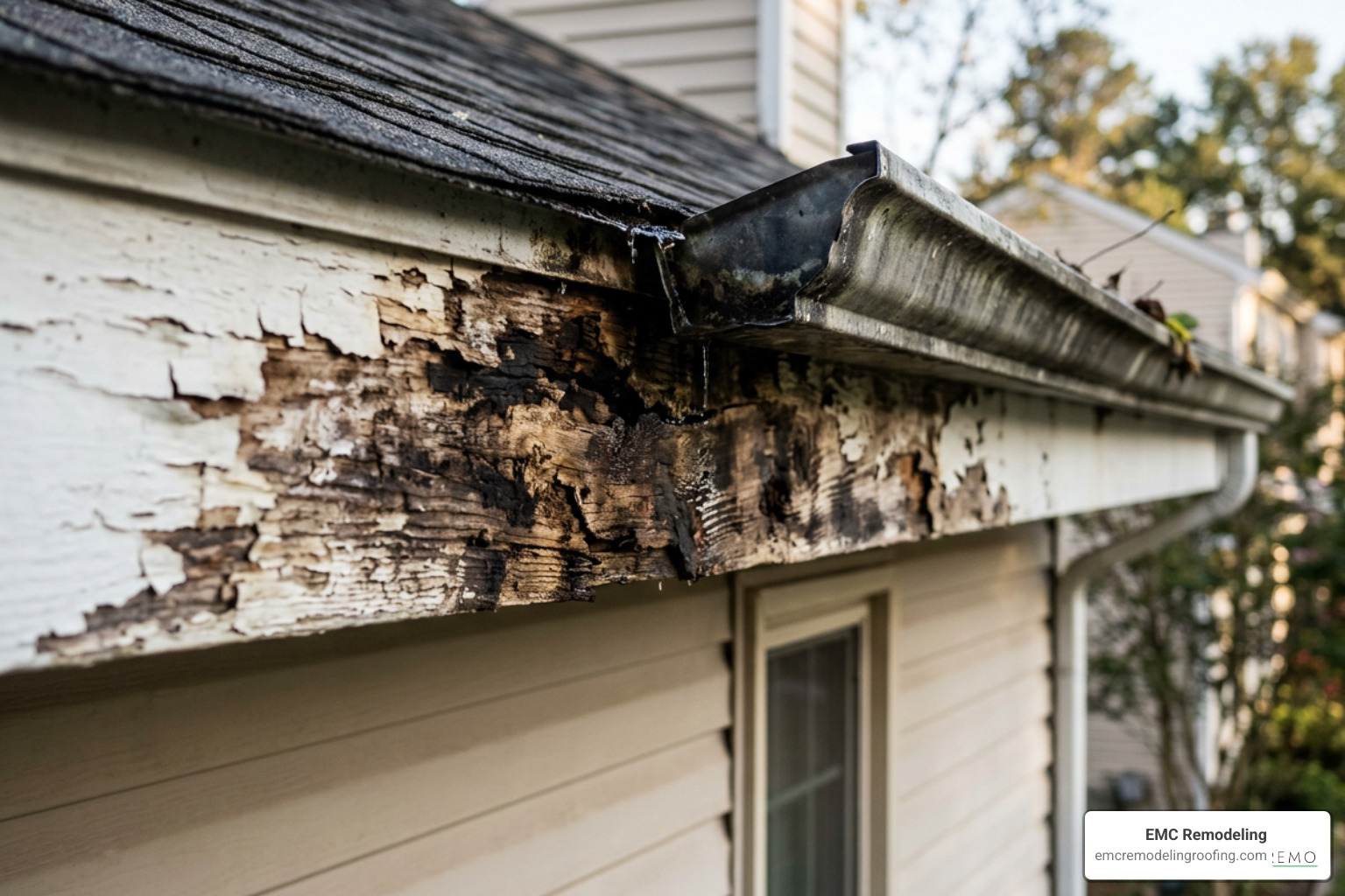 Rotting wood fascia board with peeling paint and water damage