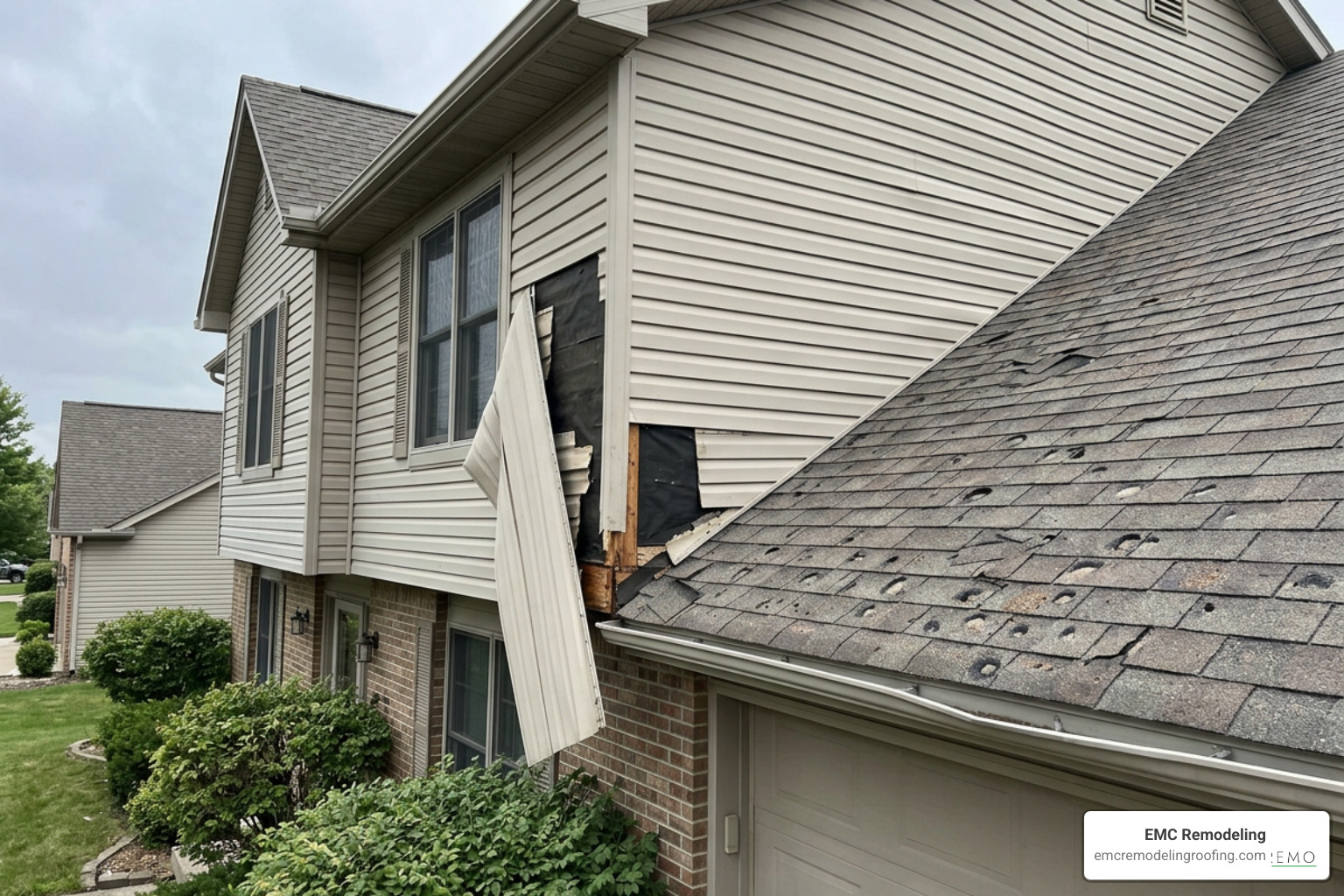 Storm damage inspection showing wind-damaged siding and hail-bruised shingles Storm damage inspection showing wind-damaged siding and hail-bruised shingles