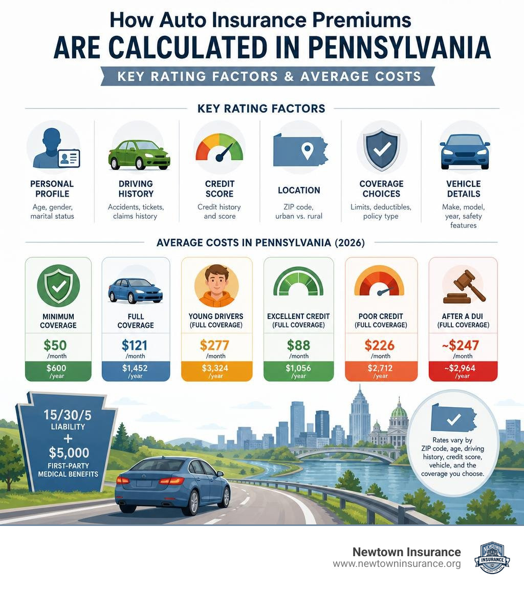How auto insurance premiums are calculated in Pennsylvania — key rating factors and average costs infographic