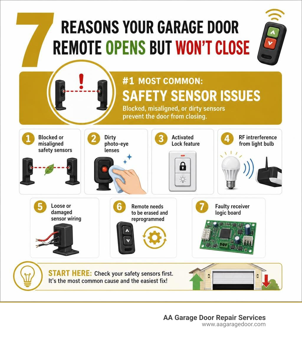 Infographic showing 7 reasons a garage door remote opens but won't close, with sensor issues highlighted as most common Infographic showing 7 reasons a garage door remote opens but won't close, with sensor issues highlighted as most common